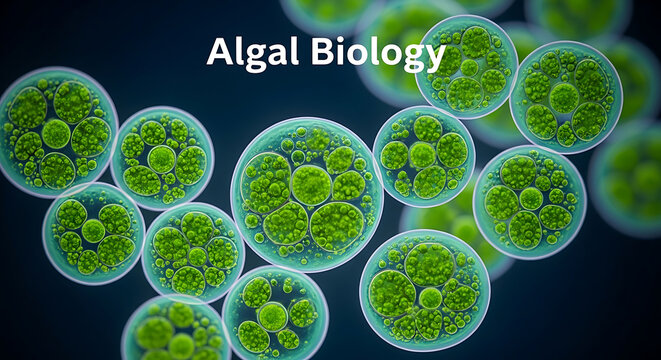 Green algae cells with multiple smaller green cells inside them on a dark blue background scene