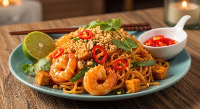 Delicious shrimp pad thai with fresh lime and spicy sauce