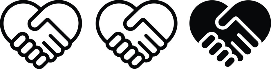 Obraz premium Set of 3 Heart Handshake Icons Vector: Outline and Solid Black Symbols for Partnership, Agreement, and Trust in Business or Social Concepts