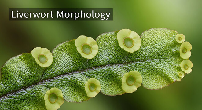 Closeup of liverwort plant with green leaves and yellow capsules on transparent background is not present