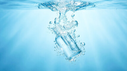 Bottle sinks into water creating bubbles and ripples. Clear blue aquatic setting shows fluid motion and freshness. Concept of beverage industry, water products, packaging design