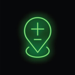 Obraz premium Green neon location pin glowing on a black background