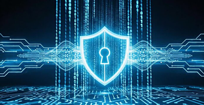 Cyber Security Shield with Digital Lock and Data Stream Background, Futuristic Network Protection Concept, Glowing Blue Binary Code and Circuit Lines for Technology Safety Animation