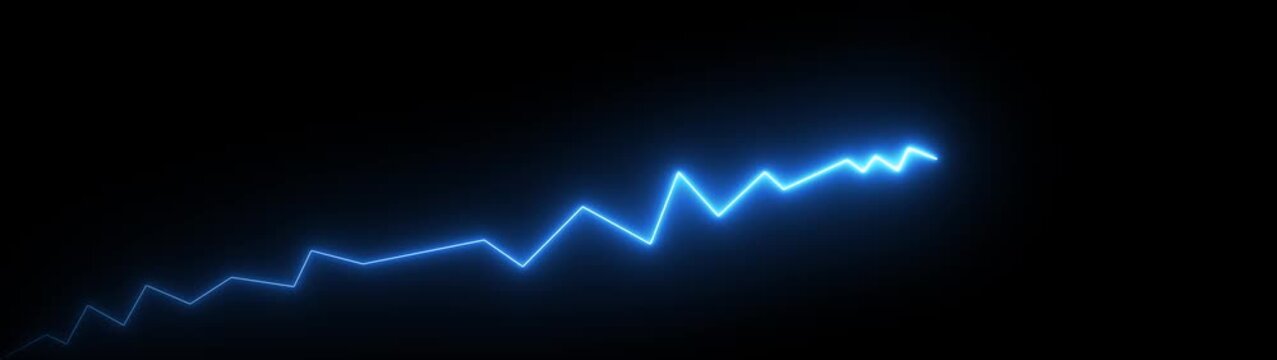 neon glowing zigzag line with upward arrow on black background, representing growth trend, progress, and rising performance. Motion graphics of neon business graph line concept