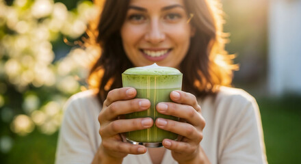 Woman drinking matcha latte outdoors symbolizing healthy lifestyle and mindful living