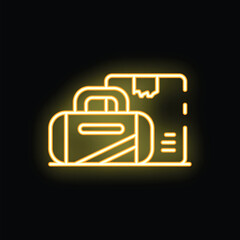 Yellow glowing neon sign depicting a suitcase and luggage on a black background, perfect for themes of vacation and travel © ylivdesign