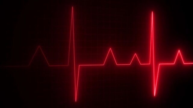 ECG heartbeat line glowing on a deep black background, with sharp pulse peaks and smooth flat segments, symbolizing heart activity, life monitoring, and Motion graphics of heartbeat line