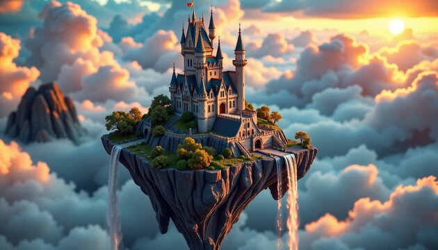 Fantasy castle on floating island with waterfalls during sunset in vibrant colors