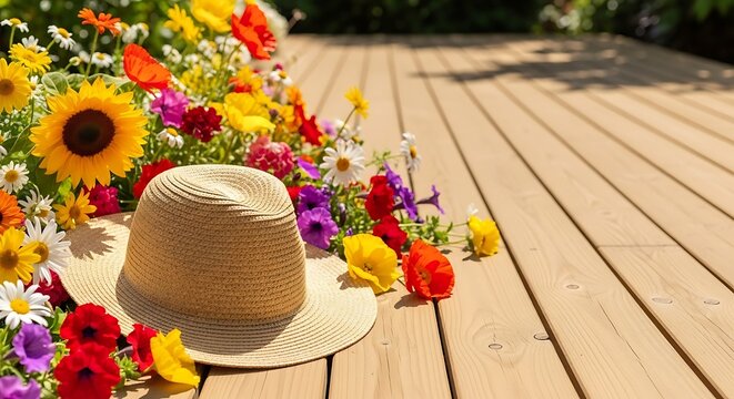 Colorful flower bouquet with straw hat on a wooden deck in springtime