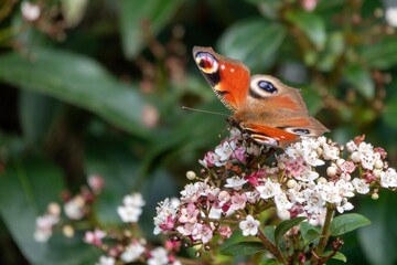peacock butterfly resting on pretty flowers of wrinkled viburnum
