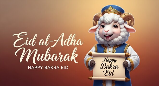 A festive design with a sheep character for wishing a Happy Bakra Eid the holy festival of sacrifice