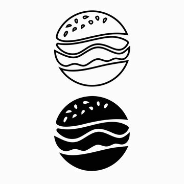 Black and white illustration of two burgers with sesame seed buns drawn in simple outlines