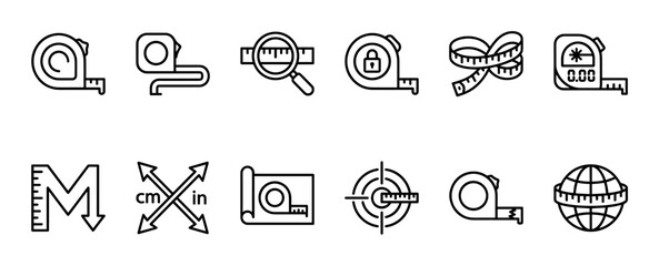 Collection of black line icons representing measuring tools and concepts, including tape measures, rulers, dimensions, and precision instruments in a clean, minimalist outline style
