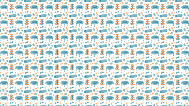 Vibrant fitness equipment pattern with trampolines and dumbbells