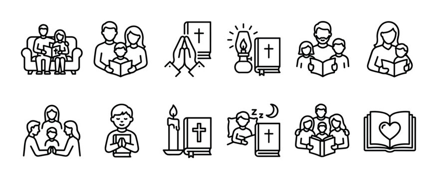 Set of black line icons depicting Christian family life, including parents and children reading the Bible, praying together, and bedtime worship