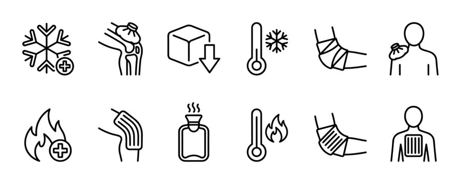 Hot and cold therapy line icon set for pain relief and injury treatment, featuring cryotherapy and thermotherapy symbols like ice packs, heat patches, and thermometers