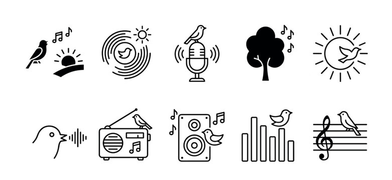 Collection of black birdsong icons featuring singing birds with musical notes, a microphone, speaker, radio, and nature elements in a minimalist linear and silhouette graphic style