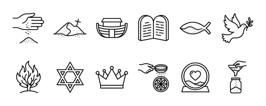 Biblical story and faith symbol icons in a minimalist line art style, a collection of religious pictograms including Noah's ark, the ten commandments, a dove, and the burning bush