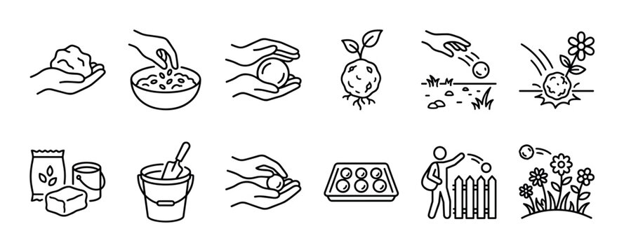 Seed bomb making and planting icon set showing the step-by-step process of creating and dispersing wildflower seeds for guerrilla gardening and environmental restoration projects