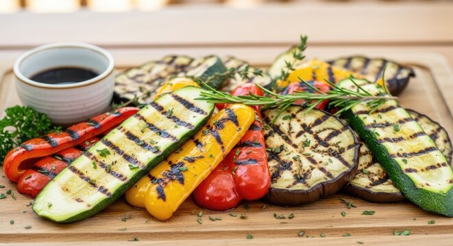 Grilled vegetable platter with herbs and dipping sauce