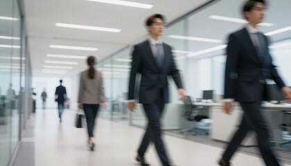 Fototapeta premium Blurred Business People Walking in Modern Office Hallway, Motion, Corporate Rush, Fast-Paced Workplace Concept