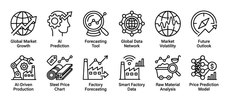 Set of twelve minimalist line art icons depicting concepts of business forecasting, AI-driven production, global market analysis, and future outlook for industry