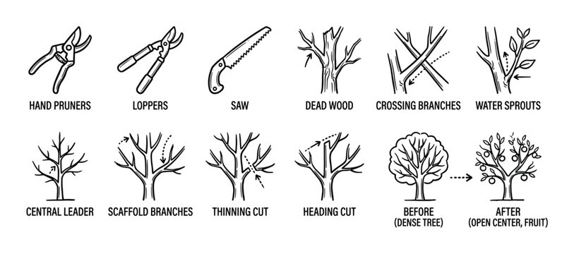 Tree pruning guide icon set showing tools, techniques, and before and after results for proper garden maintenance, illustrated in a simple black and white line art style