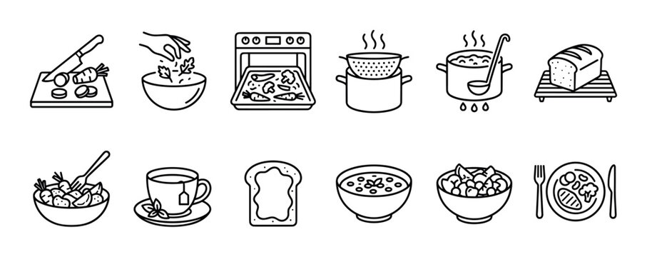 Set of food and cooking line icons showing meal preparation steps and dishes like chopping vegetables, roasting in an oven, making soup, tossing salad, and a plated dinner