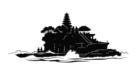 A striking black silhouette of a balinese temple complex perched on a rocky coastline showcasing intricate architecture silhouette © jivect02