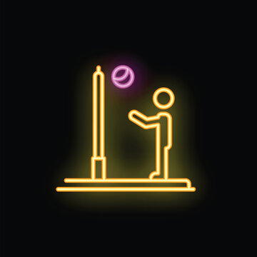Neon sign of a person playing tetherball, with glowing yellow lines and a bright pink ball