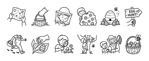 Fototapeta premium Collection of cheerful black and white line art illustrations depicting children enjoying an outdoor egg hunt and nature exploration, featuring maps, baskets, and bees in a playful, cartoonish style