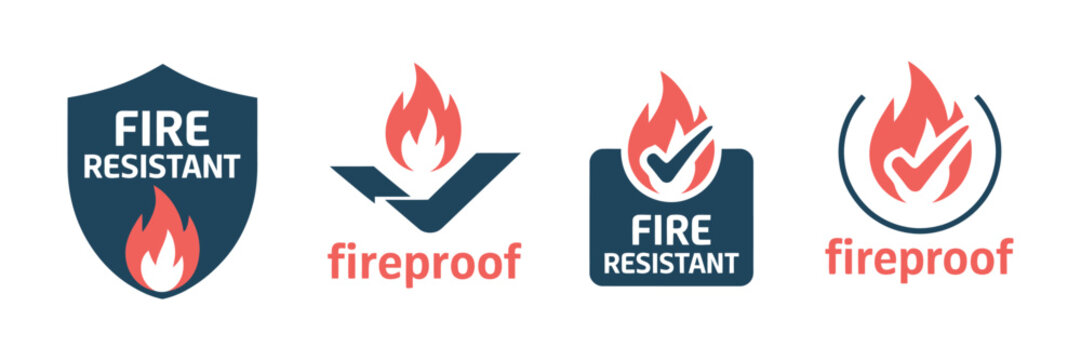 Fire Resistant Vector Symbols, Set of Icons Showing Protection Against Fire and Flames for Safety Labels, Equipment, and Hazard Prevention.