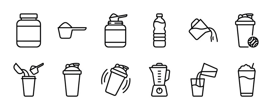 Various black outline fitness supplement and drink icons illustrate the process of preparing protein shakes and nutritional beverages in a clean, modern, and minimalist style