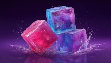 Obraz premium Three colorful, translucent cubes sit in a splash of water against a gradient purple backdrop