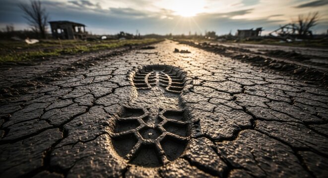 A Soldier's Bootprint Left in Cracked Muddy Ground