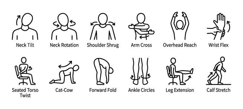 Twelve simple black outline icons illustrate various stretching exercises for office workers, promoting health and flexibility with clear movement arrows