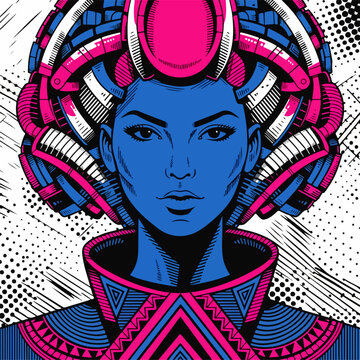 Futuristic Robot Woman in Pop Art Style