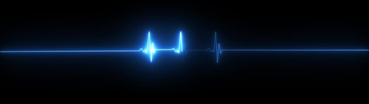 ECG heartbeat line glowing on a deep black background, with sharp pulse peaks and smooth flat segments, symbolizing heart activity, life monitoring, and Motion graphics of heartbeat line