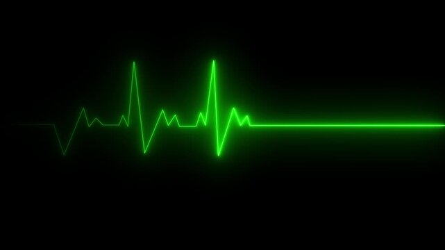 ECG heartbeat line glowing on a deep black background, with sharp pulse peaks and smooth flat segments, symbolizing heart activity, life monitoring, and Motion graphics of heartbeat line