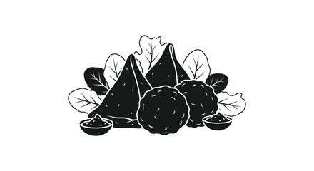 A striking black and white illustration depicts samosas cauliflower and bowls presented in a bold silhouette high quality professional detailed © jivect02
