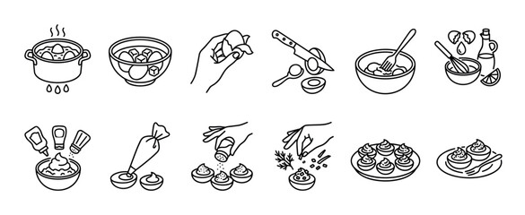 Fototapeta premium Detailed black and white line art icons illustrating the step-by-step process of preparing delicious deviled eggs, showcasing various kitchen tools and culinary actions from boiling to garnishing