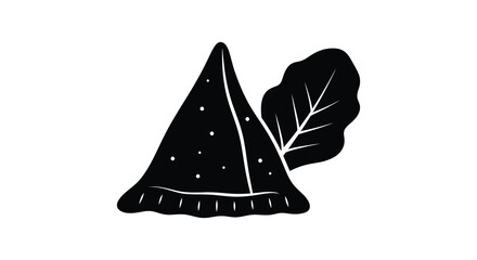 A striking black silhouette depicts a savory samosa paired with a fresh sprig of coriander full of detail © jivect02