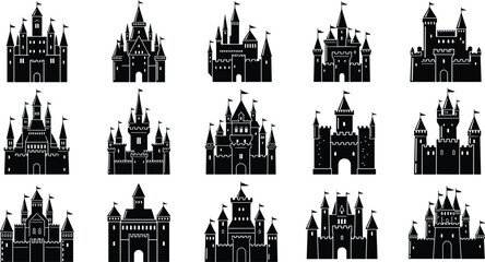 Obraz premium Black castle icons set including medieval fortress palace tower and kingdom silhouettes for fairytales history architecture and fantasy design elements