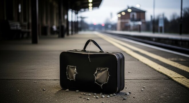 Abandoned Damaged Suitcase on Train Station Platform
