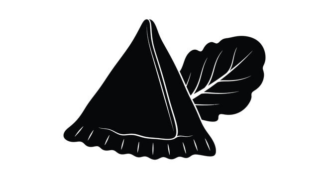 A stark black silhouette depicts a triangular empanada paired with a leafy green sprig showcasing culinary art silhouette