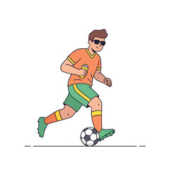 Obraz premium Pemain Sepak Bola Pria Muda Dribel Bola Sambil Menjaga Hidrasi dengan Botol Minuman dan Kacamata Hitam