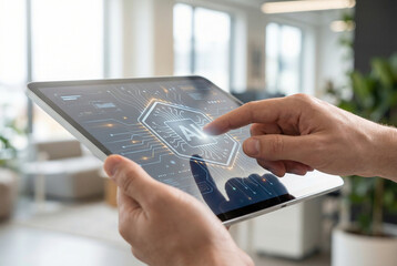 Businessman Using Tablet Touchscreen With AI Chip Interface in Modern Office for Technology Concept.