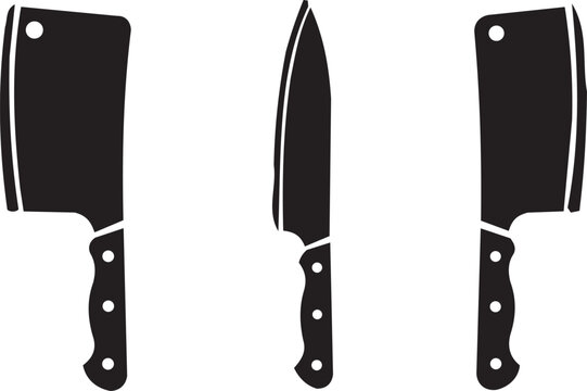 Set of kitchen knives: A butcher knife, chef's knife, and another cleaver in black silhouette.