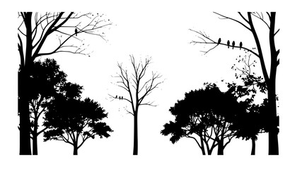 Create a creative woodland-inspired vector artwork featuring diverse tree silhouettes with intricate canopy shapes and abstract botanical styling. Include perched birds integrated naturally into the b © Polash
