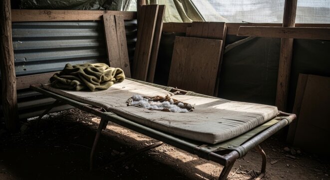 Abandoned Military Cot in Rustic Shelter